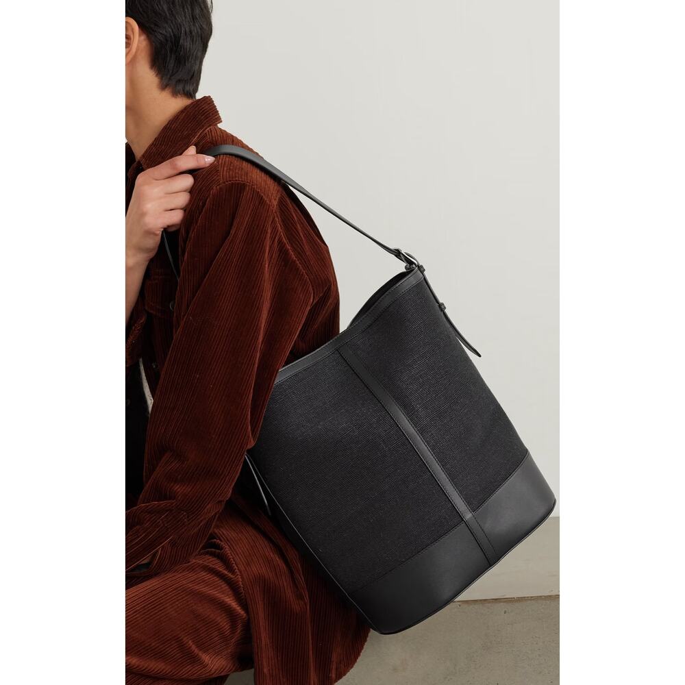 HUNTING SEASON Leather Trimmed Raffia Hobo Figue Shoulder Bag in Black